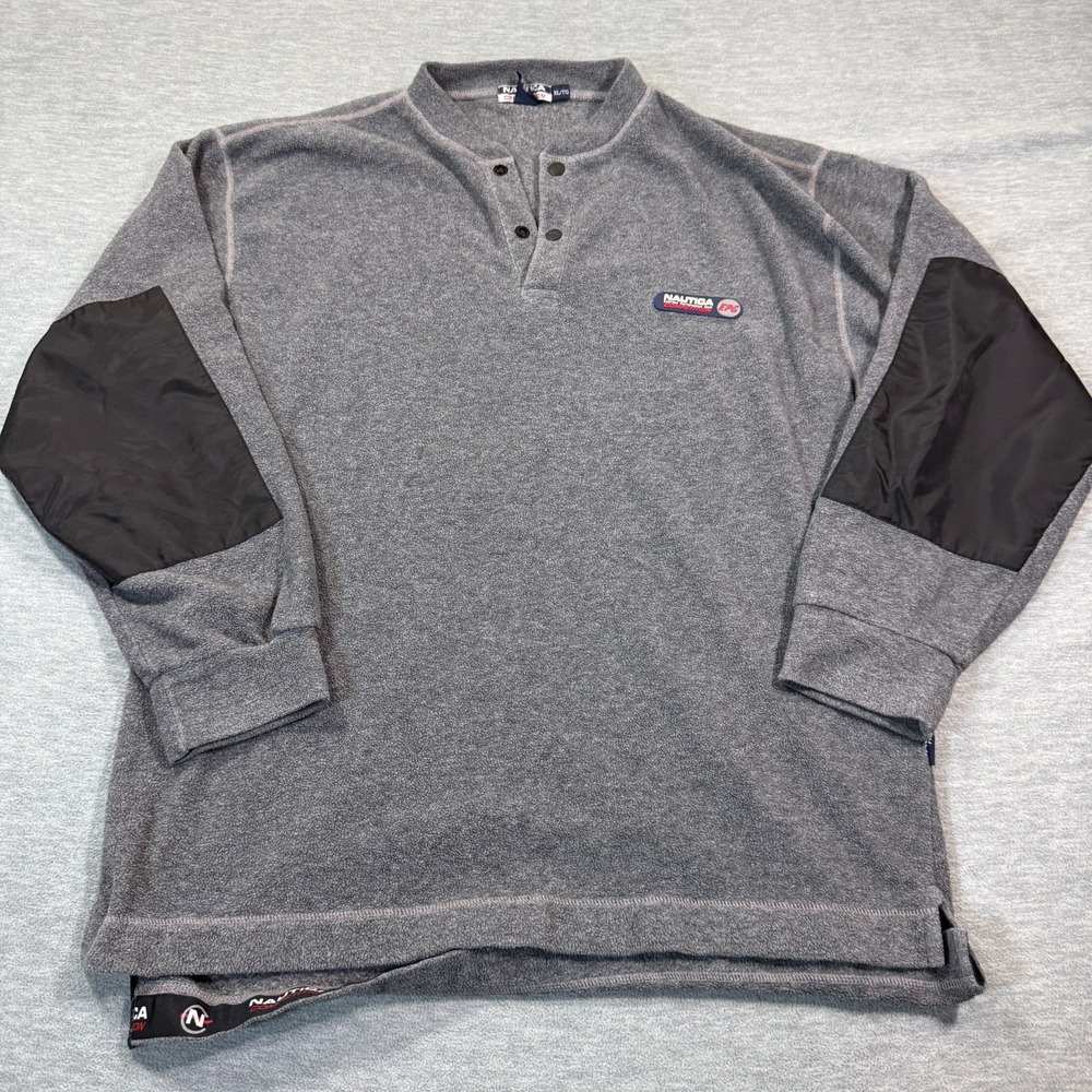 Nautica Competition Pullover Men XL Gray Snap Fleece Patch Elbow USA Made‎